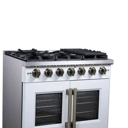 Forno Capriasca 36-Inch White Freestanding French Door Gas Range, 6 Burners, Convection Oven, Energy Efficient FORNO