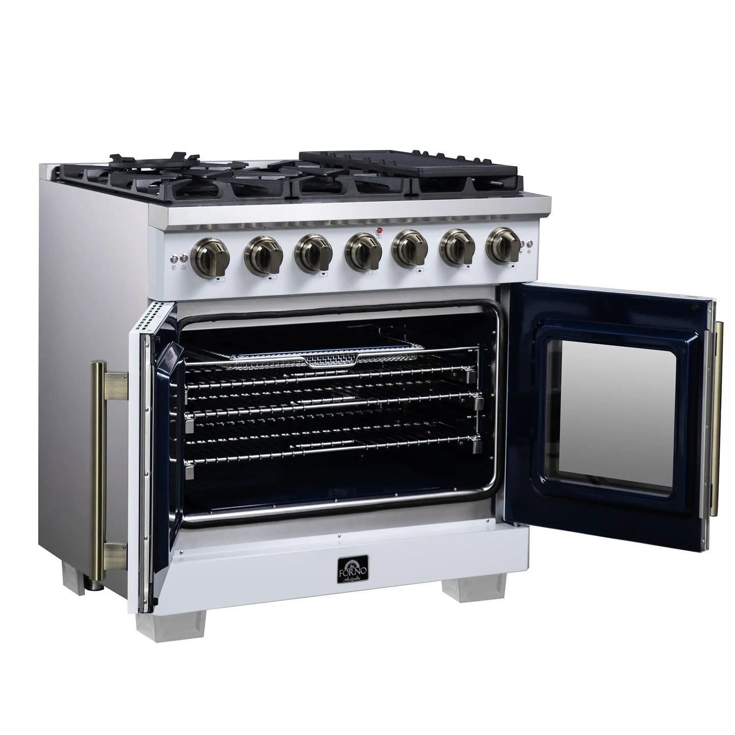 Forno Capriasca 36-Inch White Freestanding French Door Gas Range, 6 Burners, Convection Oven, Energy Efficient FORNO