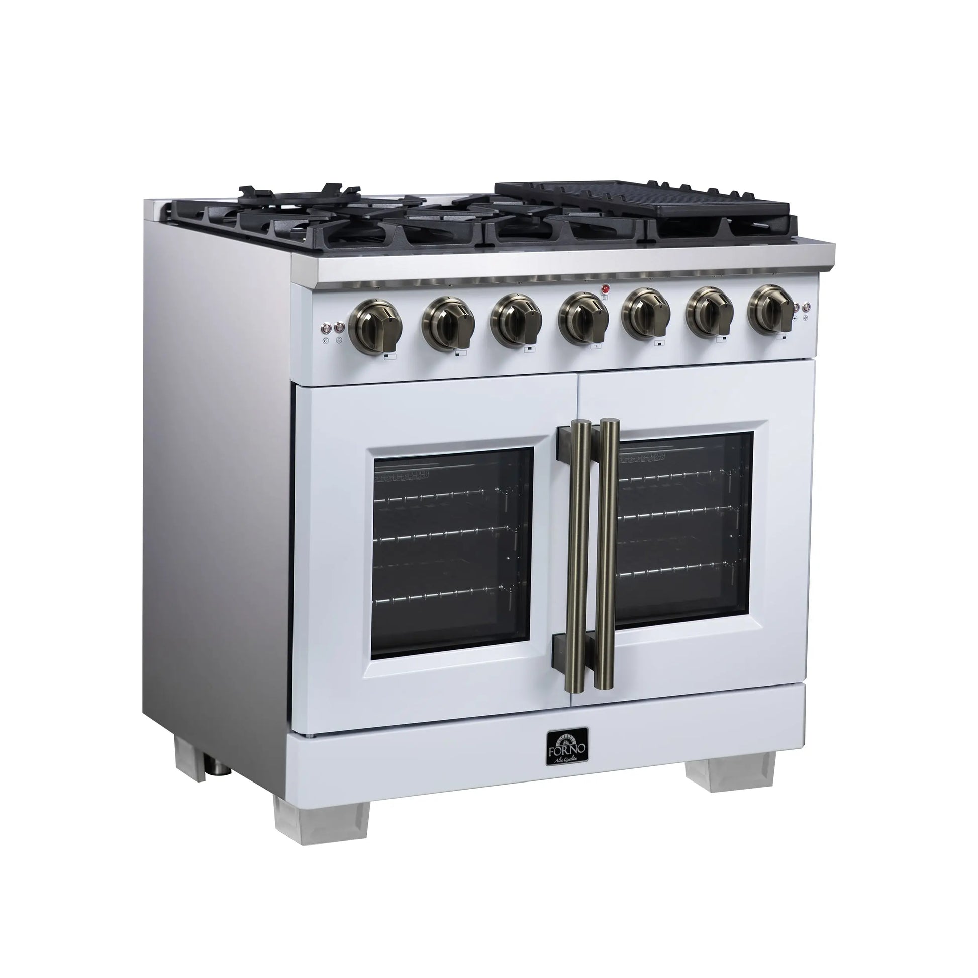 Forno Capriasca 36-Inch White Freestanding French Door Gas Range, 6 Burners, Convection Oven, Energy Efficient FORNO