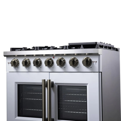 Forno Capriasca 36-Inch White Freestanding French Door Gas Range, 6 Burners, Convection Oven, Energy Efficient FORNO