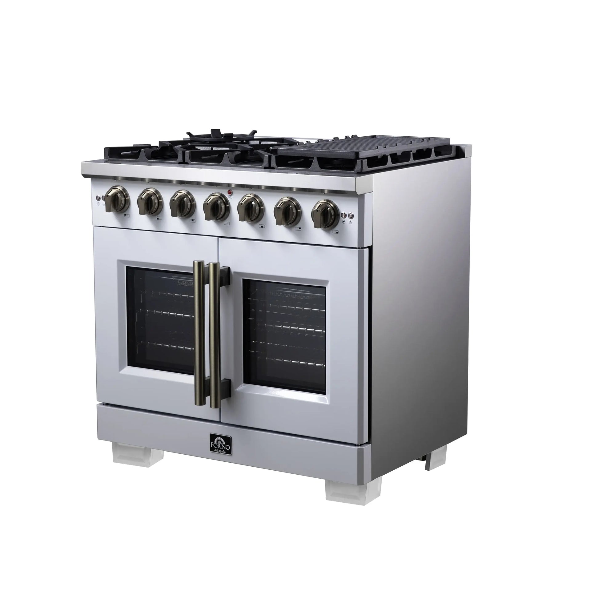 Forno Capriasca 36-Inch White Freestanding French Door Gas Range, 6 Burners, Convection Oven, Energy Efficient FORNO