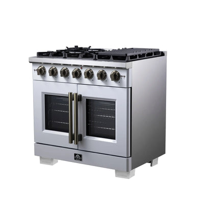 Forno Capriasca 36-Inch White Freestanding French Door Gas Range, 6 Burners, Convection Oven, Energy Efficient FORNO