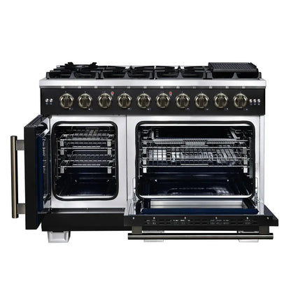 Forno Capriasca 48-Inch Black Freestanding French Door Gas Range, 8 Burners, Convection Oven, Energy Efficient FORNO
