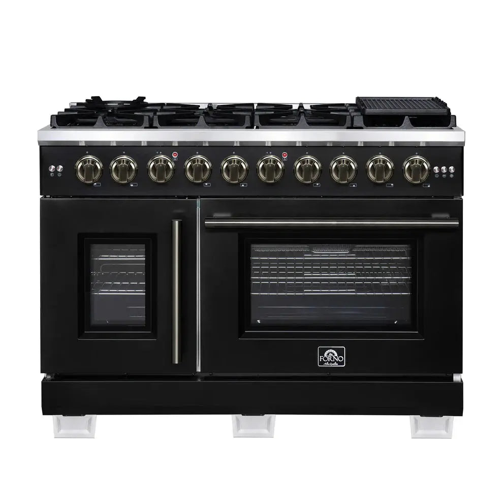 Forno Capriasca 48-Inch Black Freestanding French Door Gas Range, 8 Burners, Convection Oven, Energy Efficient FORNO