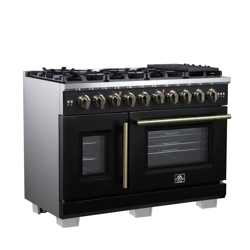 Forno Capriasca 48-Inch Black Freestanding French Door Gas Range, 8 Burners, Convection Oven, Energy Efficient FORNO