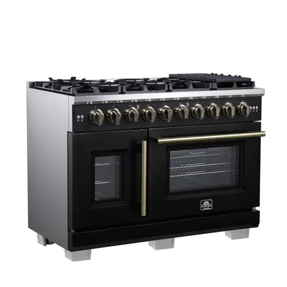 Forno Capriasca 48-Inch Black Freestanding French Door Gas Range, 8 Burners, Convection Oven, Energy Efficient FORNO