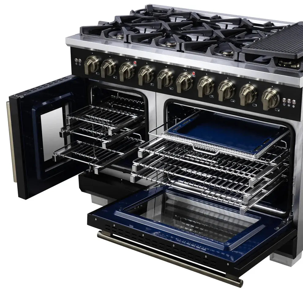 Forno Capriasca 48-Inch Black Freestanding French Door Gas Range, 8 Burners, Convection Oven, Energy Efficient FORNO