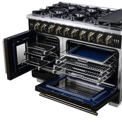 Forno Capriasca 48-Inch Black Freestanding French Door Gas Range, 8 Burners, Convection Oven, Energy Efficient FORNO