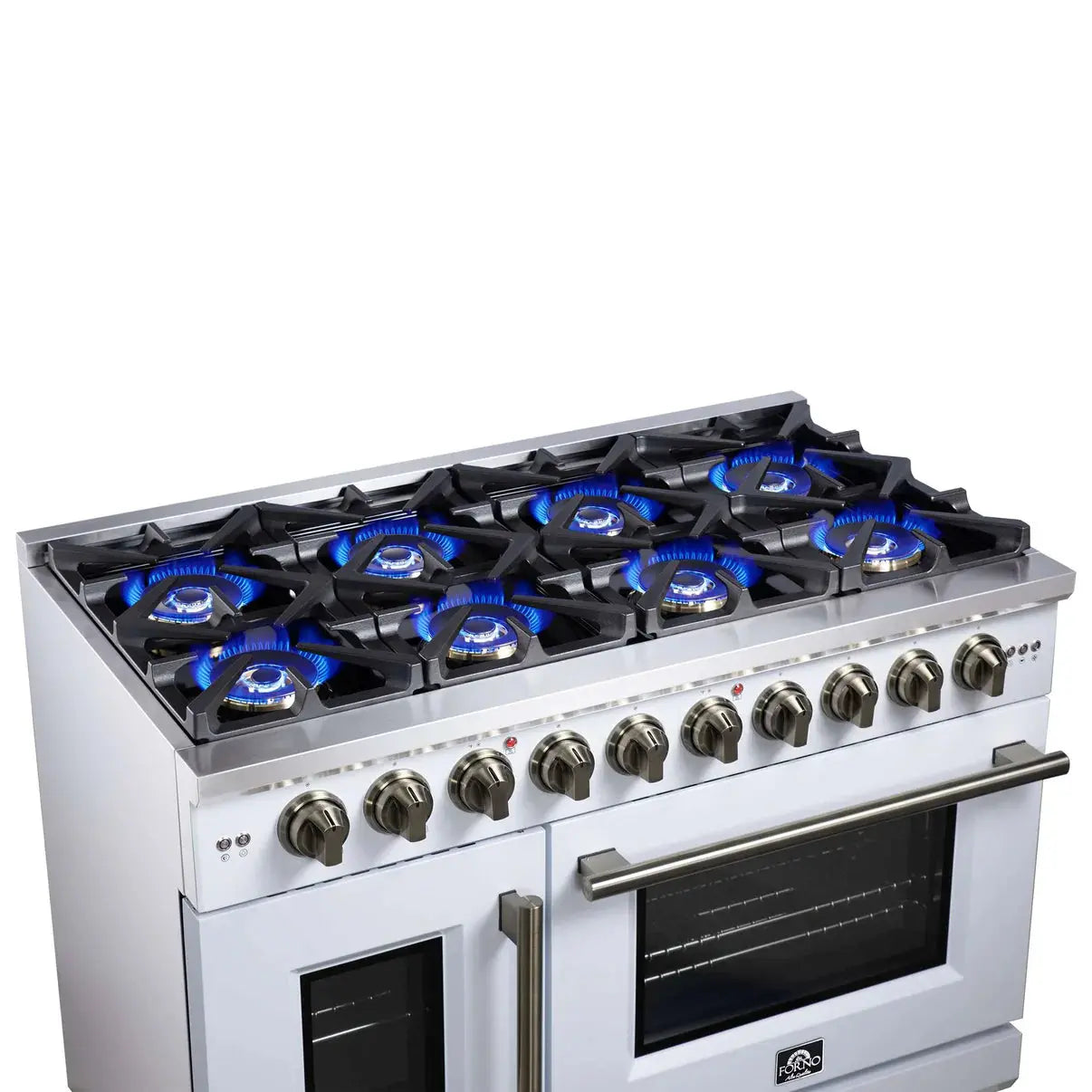 Forno Capriasca 48-Inch White Freestanding French Door Gas Range, 8 Burners, Convection Oven, Energy Efficient FORNO