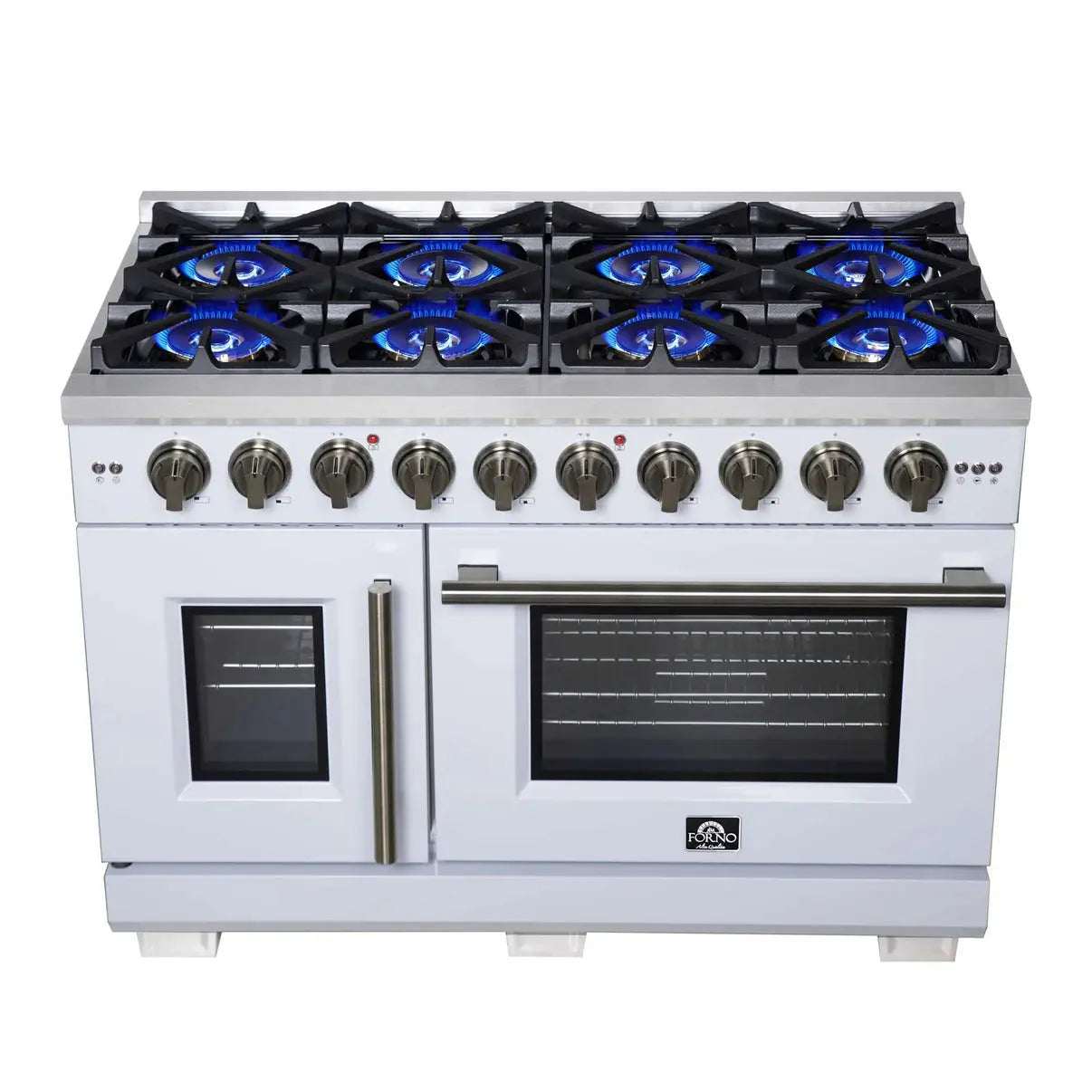 Forno Capriasca 48-Inch White Freestanding French Door Gas Range, 8 Burners, Convection Oven, Energy Efficient FORNO