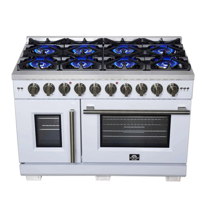 Forno Capriasca 48-Inch White Freestanding French Door Gas Range, 8 Burners, Convection Oven, Energy Efficient FORNO