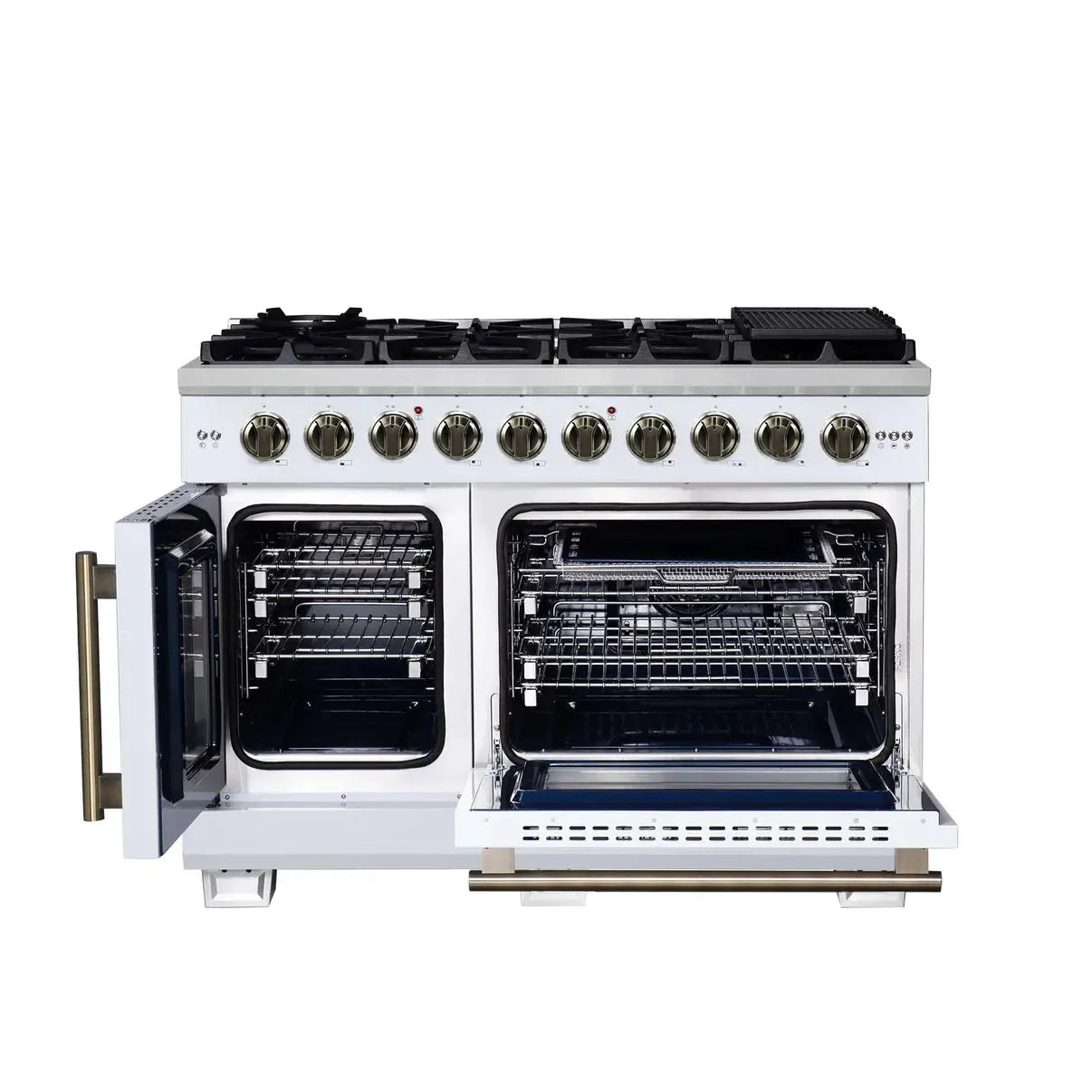 Forno Capriasca 48-Inch White Freestanding French Door Gas Range, 8 Burners, Convection Oven, Energy Efficient FORNO