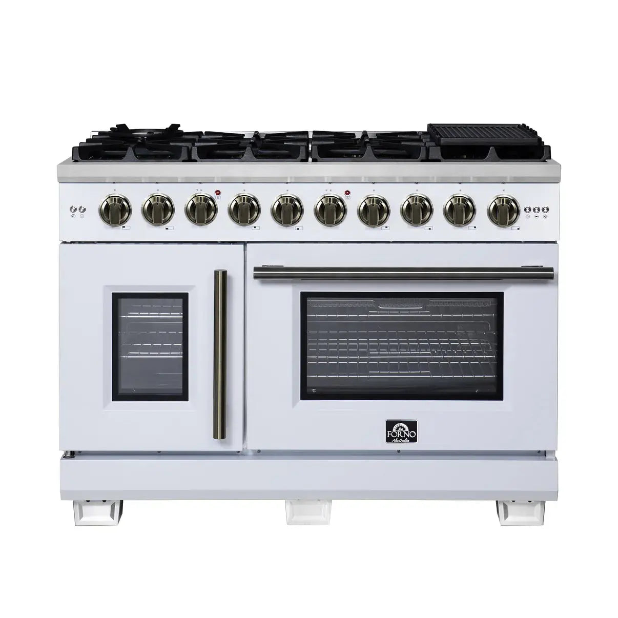 Forno Capriasca 48-Inch White Freestanding French Door Gas Range, 8 Burners, Convection Oven, Energy Efficient FORNO