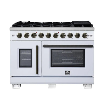 Forno Capriasca 48-Inch White Freestanding French Door Gas Range, 8 Burners, Convection Oven, Energy Efficient FORNO