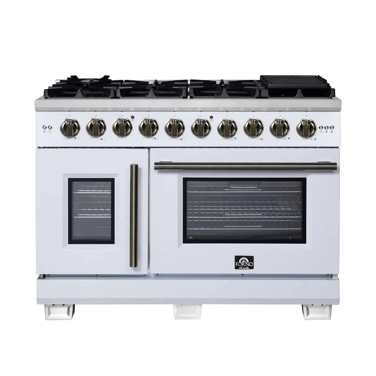 Forno Capriasca 48-Inch White Freestanding French Door Gas Range, 8 Burners, Convection Oven, Energy Efficient FORNO