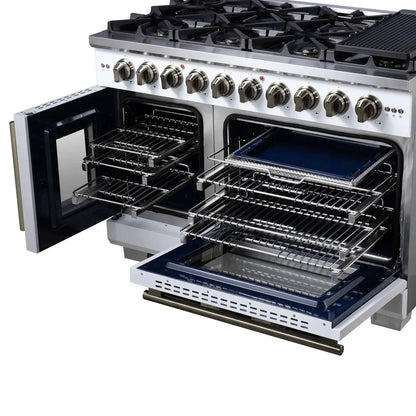 Forno Capriasca 48-Inch White Freestanding French Door Gas Range, 8 Burners, Convection Oven, Energy Efficient FORNO