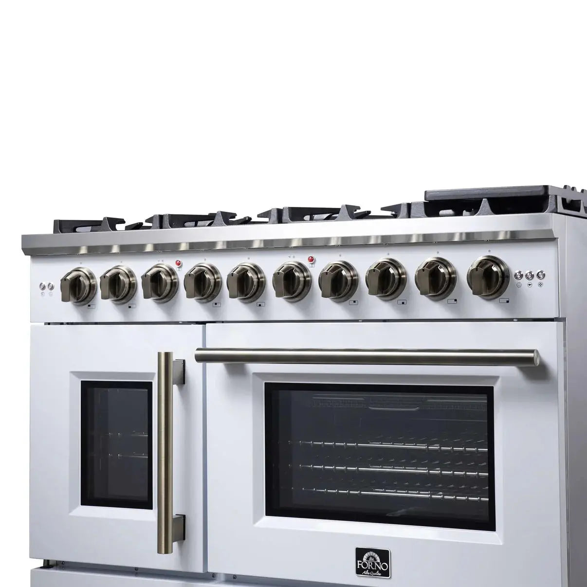 Forno Capriasca 48-Inch White Freestanding French Door Gas Range, 8 Burners, Convection Oven, Energy Efficient FORNO