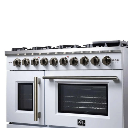 Forno Capriasca 48-Inch White Freestanding French Door Gas Range, 8 Burners, Convection Oven, Energy Efficient FORNO