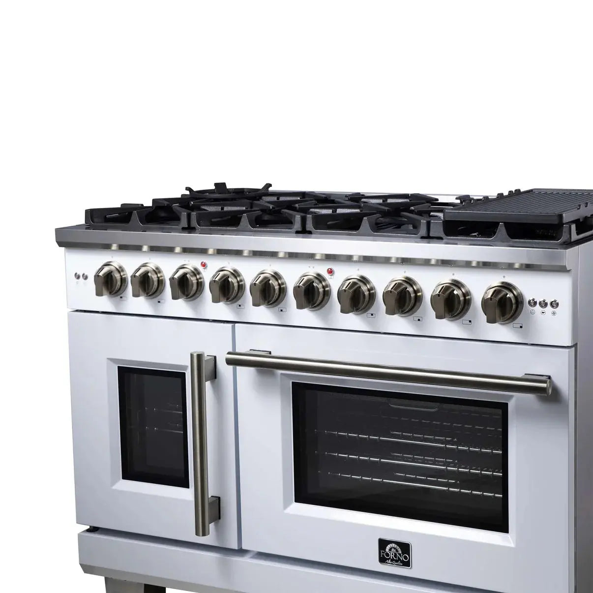 Forno Capriasca 48-Inch White Freestanding French Door Gas Range, 8 Burners, Convection Oven, Energy Efficient FORNO