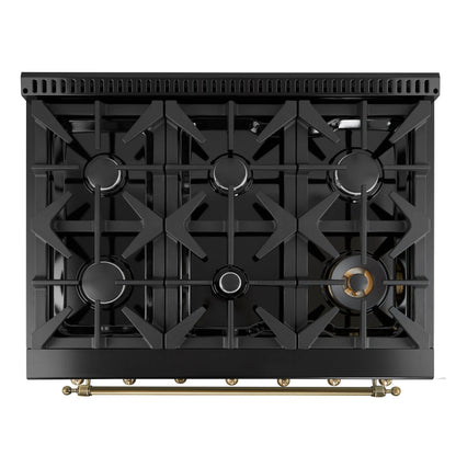 Forno Antico 36-Inch Freestanding Gas Range, Black, Antique Brass Design, 6 Burners, Convection Oven, Energy Efficient FORNO