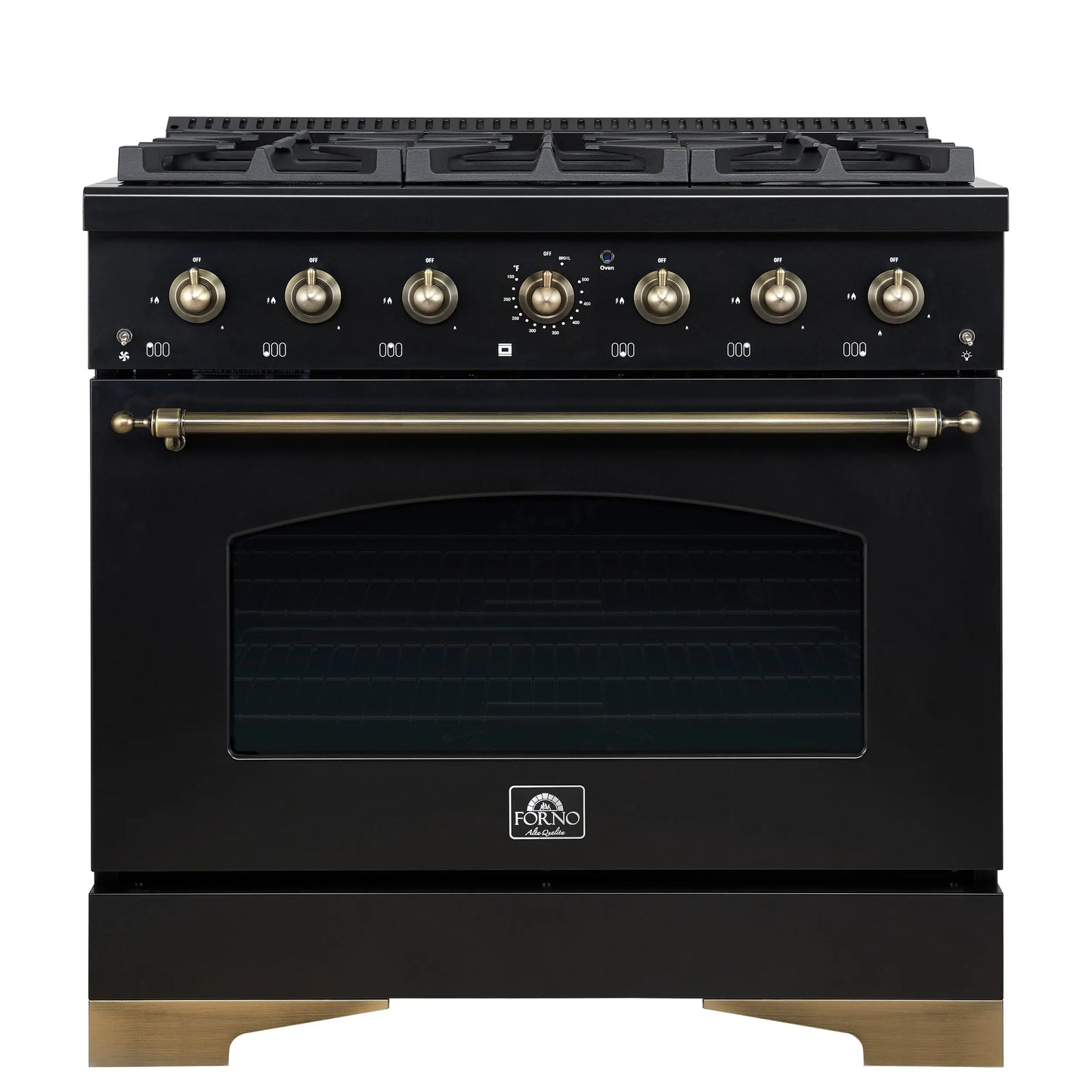 Forno Antico 36-Inch Freestanding Gas Range, Black, Antique Brass Design, 6 Burners, Convection Oven, Energy Efficient FORNO