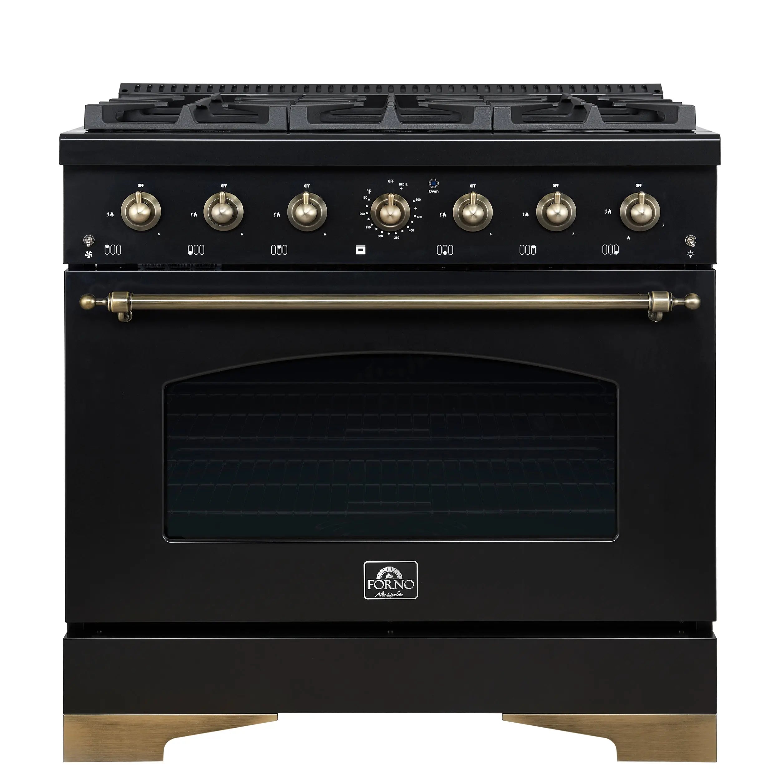 Forno Antico 36-Inch Freestanding Gas Range, Black, Antique Brass Design, 6 Burners, Convection Oven, Energy Efficient FORNO