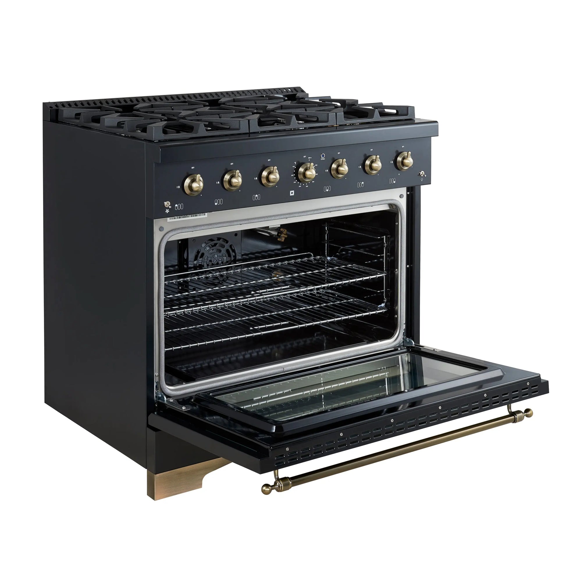 Forno Antico 36-Inch Freestanding Gas Range, Black, Antique Brass Design, 6 Burners, Convection Oven, Energy Efficient FORNO