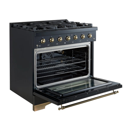 Forno Antico 36-Inch Freestanding Gas Range, Black, Antique Brass Design, 6 Burners, Convection Oven, Energy Efficient FORNO
