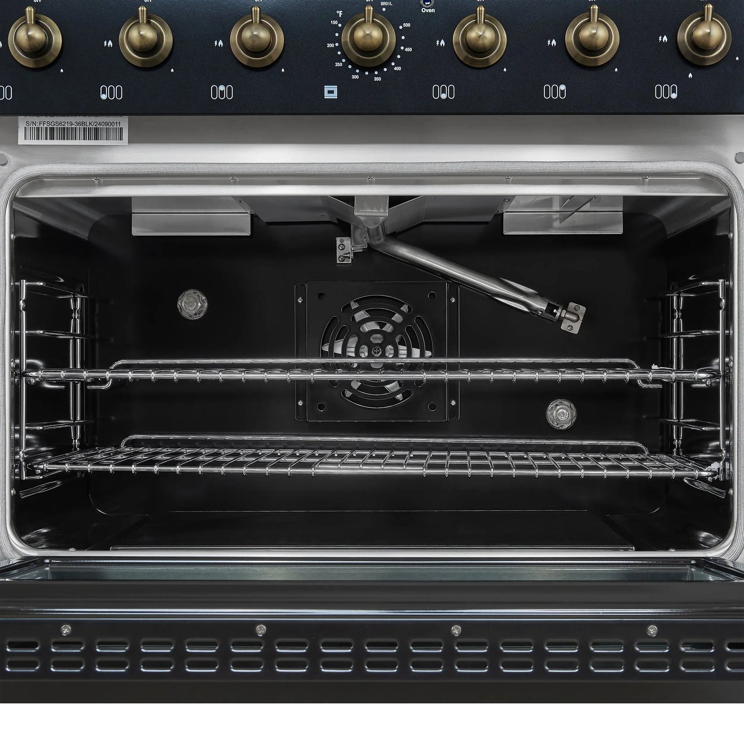 Forno Antico 36-Inch Freestanding Gas Range, Black, Antique Brass Design, 6 Burners, Convection Oven, Energy Efficient FORNO