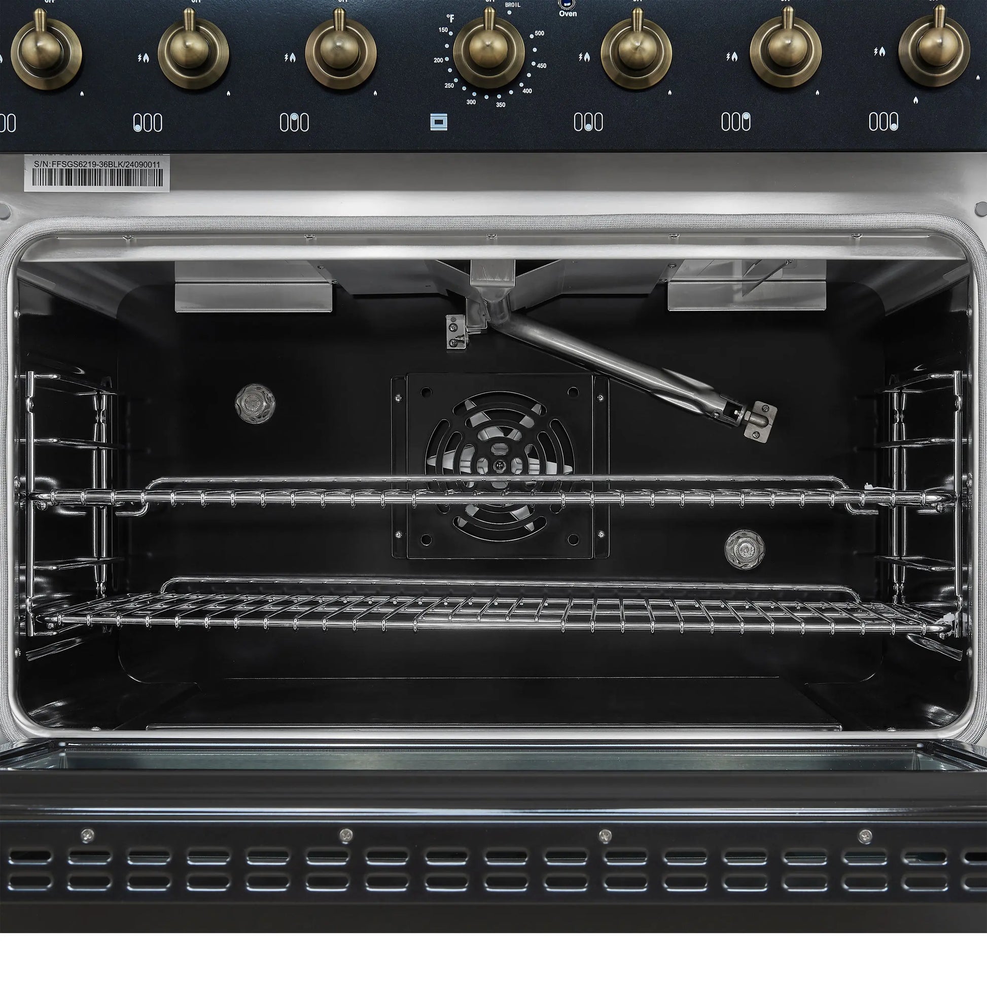 Forno Antico 36-Inch Freestanding Gas Range, Black, Antique Brass Design, 6 Burners, Convection Oven, Energy Efficient FORNO