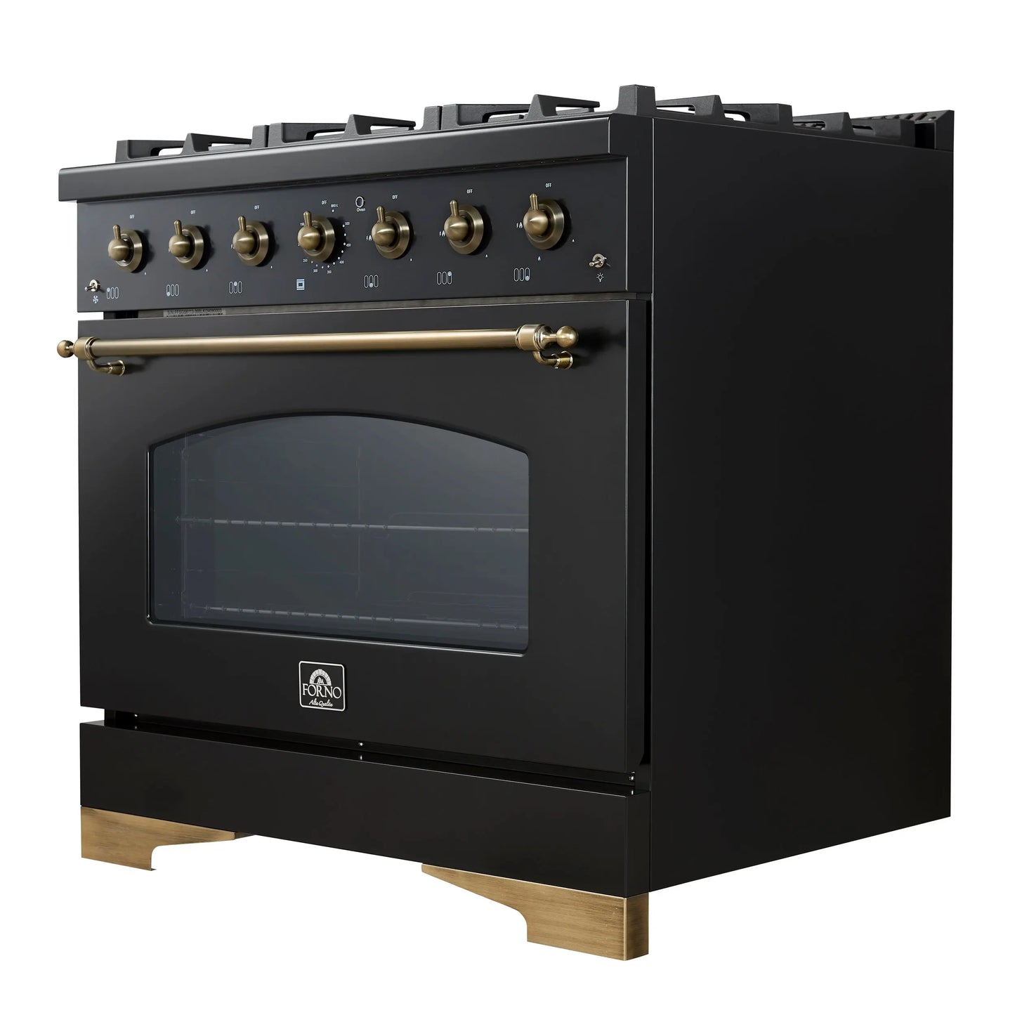 Forno Antico 36-Inch Freestanding Gas Range, Black, Antique Brass Design, 6 Burners, Convection Oven, Energy Efficient FORNO