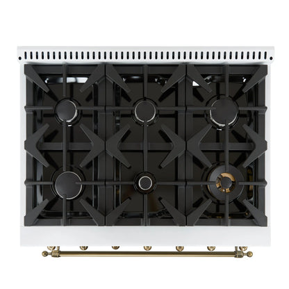 Forno Antico 36-Inch Freestanding Gas Range, White, Antique Brass Design, 6 Burners, Convection Oven, Energy Efficient FORNO