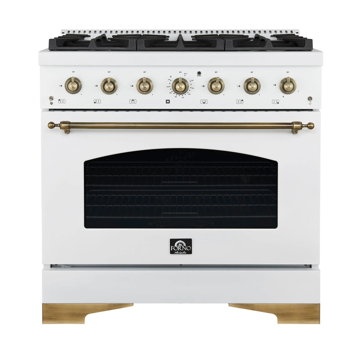 Forno Antico 36-Inch Freestanding Gas Range, White, Antique Brass Design, 6 Burners, Convection Oven, Energy Efficient FORNO