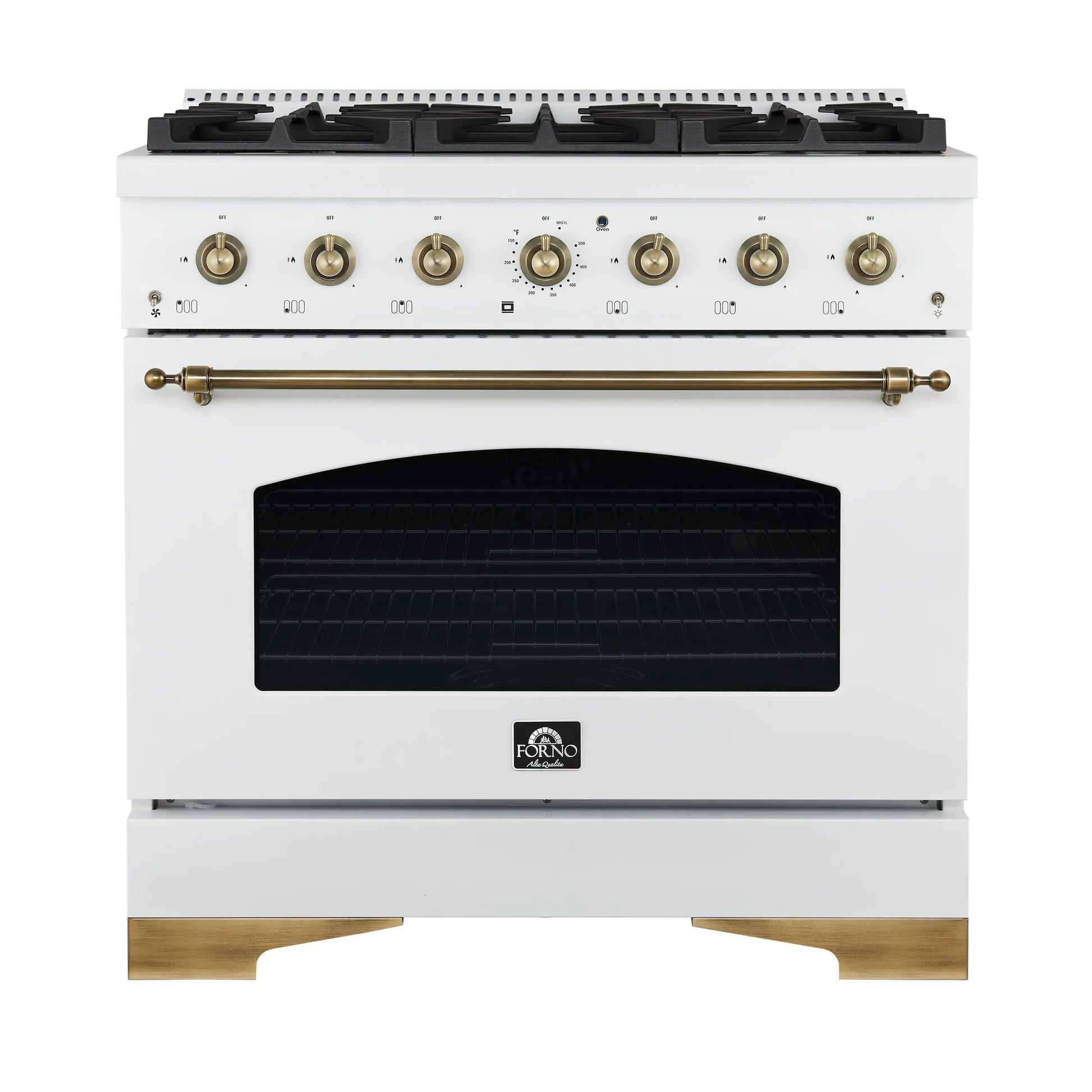 Forno Antico 36-Inch Freestanding Gas Range, White, Antique Brass Design, 6 Burners, Convection Oven, Energy Efficient FORNO