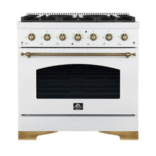 Forno Antico 36-Inch Freestanding Gas Range, White, Antique Brass Design, 6 Burners, Convection Oven, Energy Efficient FORNO