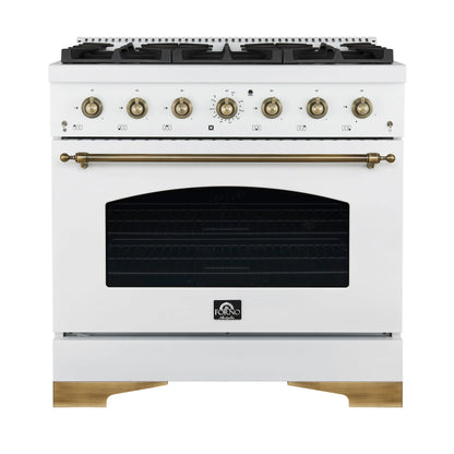 Forno Antico 36-Inch Freestanding Gas Range, White, Antique Brass Design, 6 Burners, Convection Oven, Energy Efficient FORNO