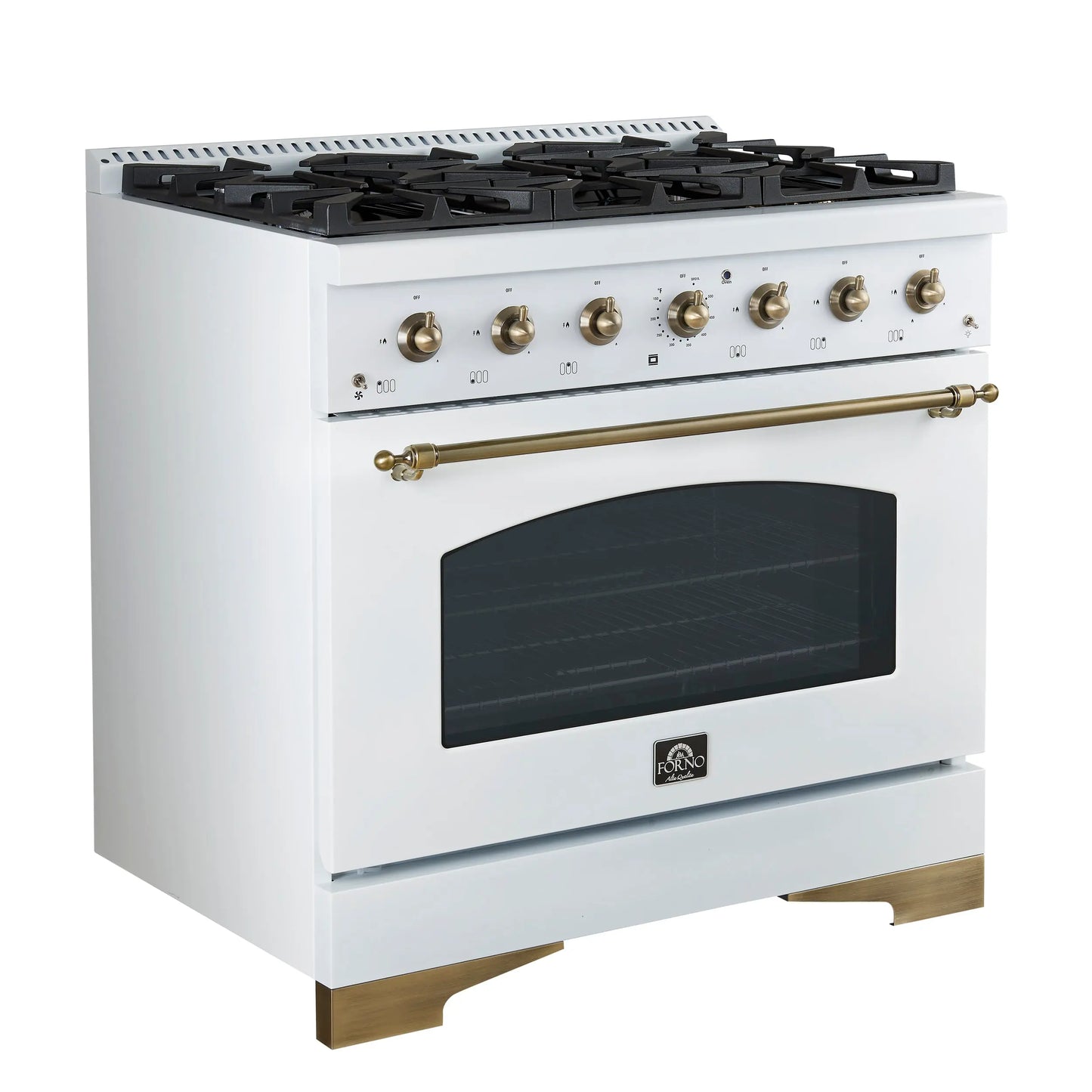 Forno Antico 36-Inch Freestanding Gas Range, White, Antique Brass Design, 6 Burners, Convection Oven, Energy Efficient FORNO