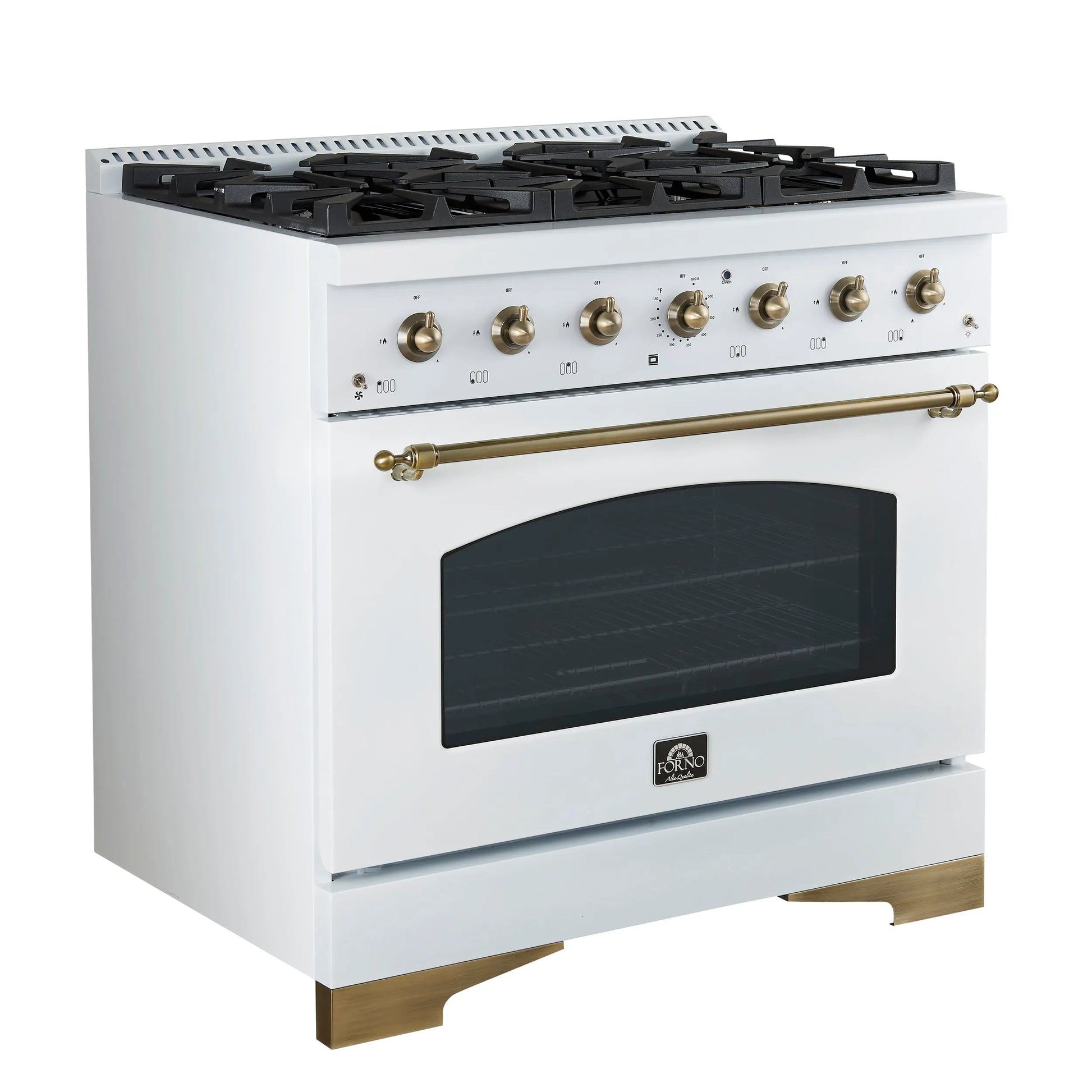 Forno Antico 36-Inch Freestanding Gas Range, White, Antique Brass Design, 6 Burners, Convection Oven, Energy Efficient FORNO