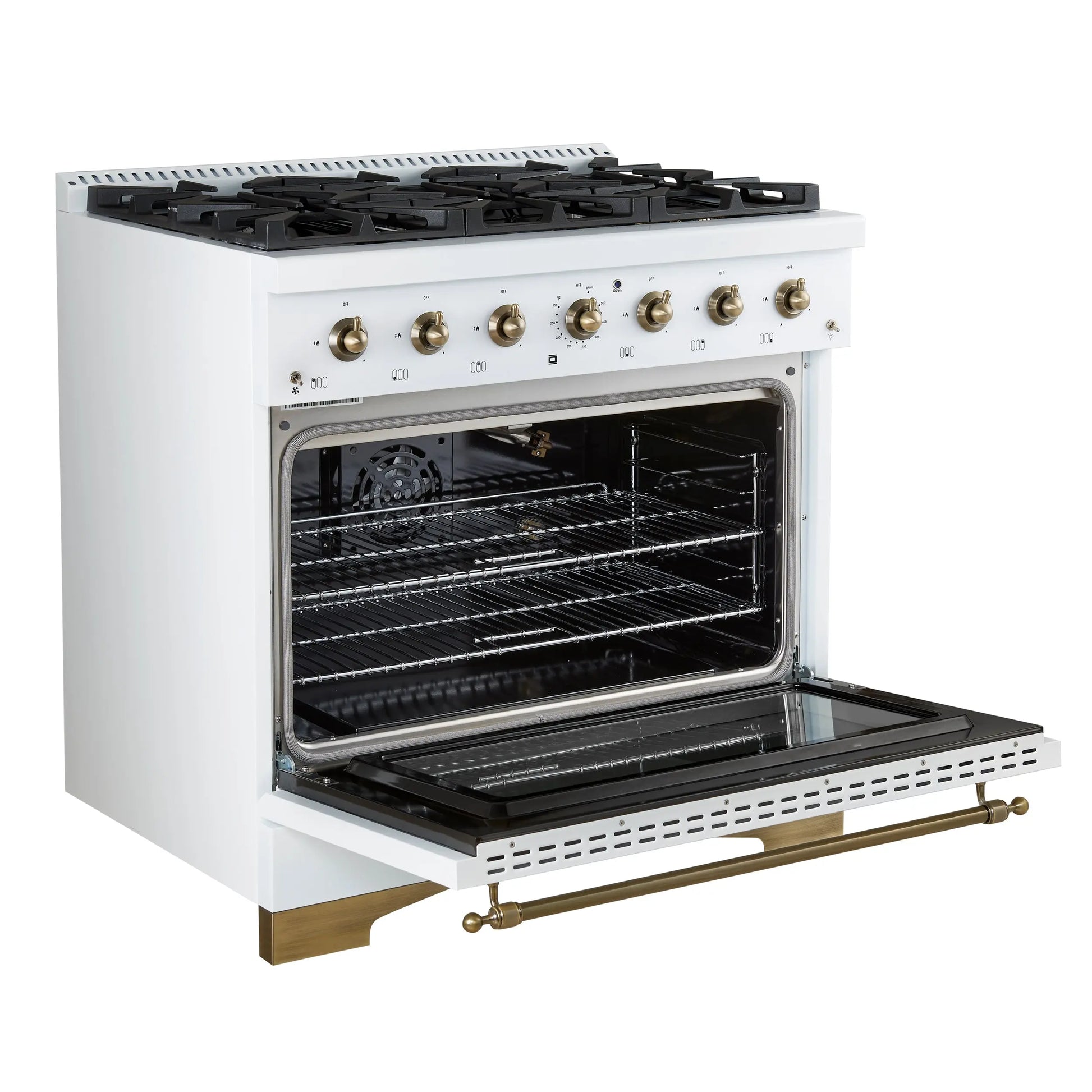 Forno Antico 36-Inch Freestanding Gas Range, White, Antique Brass Design, 6 Burners, Convection Oven, Energy Efficient FORNO