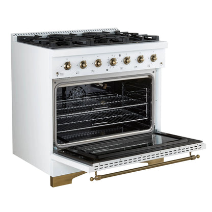 Forno Antico 36-Inch Freestanding Gas Range, White, Antique Brass Design, 6 Burners, Convection Oven, Energy Efficient FORNO
