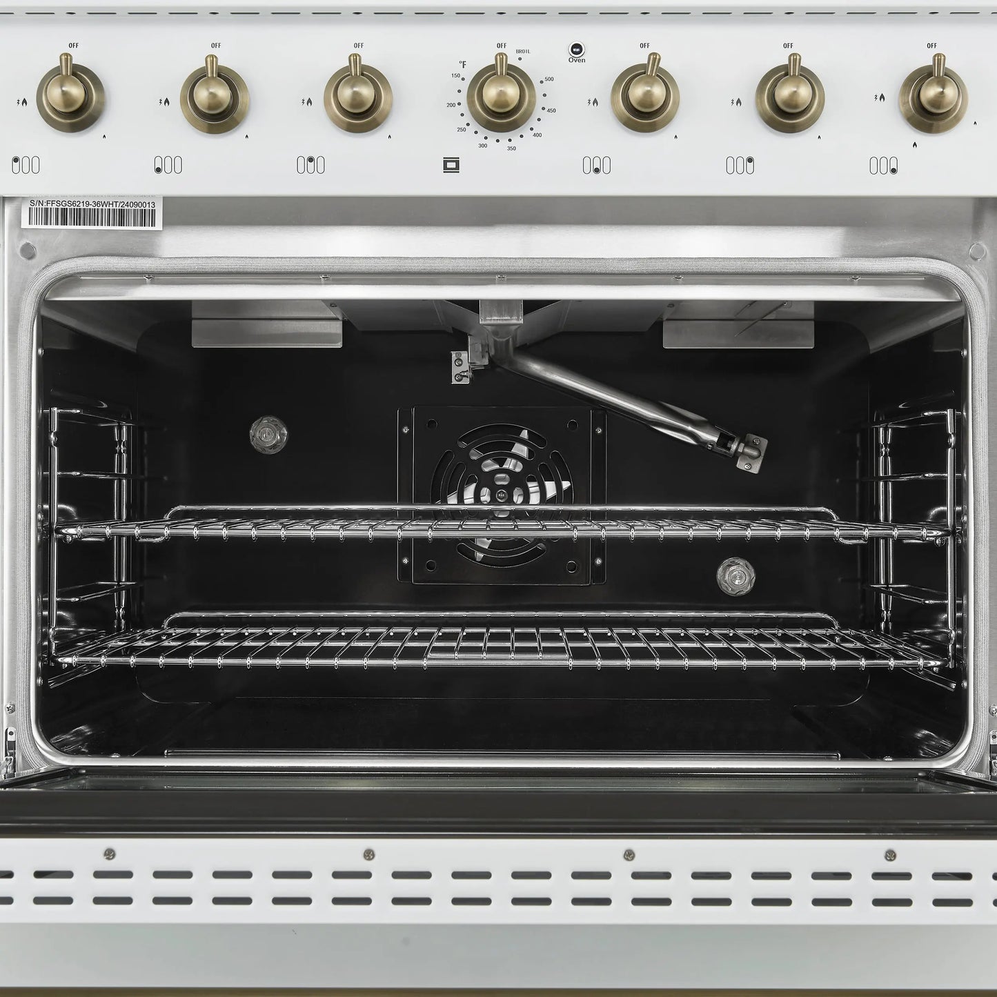 Forno Antico 36-Inch Freestanding Gas Range, White, Antique Brass Design, 6 Burners, Convection Oven, Energy Efficient FORNO