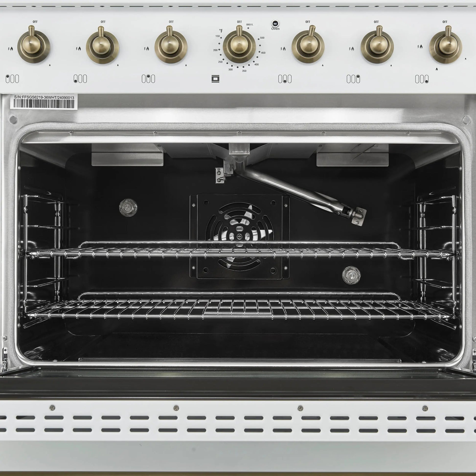 Forno Antico 36-Inch Freestanding Gas Range, White, Antique Brass Design, 6 Burners, Convection Oven, Energy Efficient FORNO