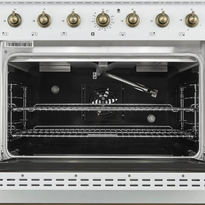 Forno Antico 36-Inch Freestanding Gas Range, White, Antique Brass Design, 6 Burners, Convection Oven, Energy Efficient FORNO