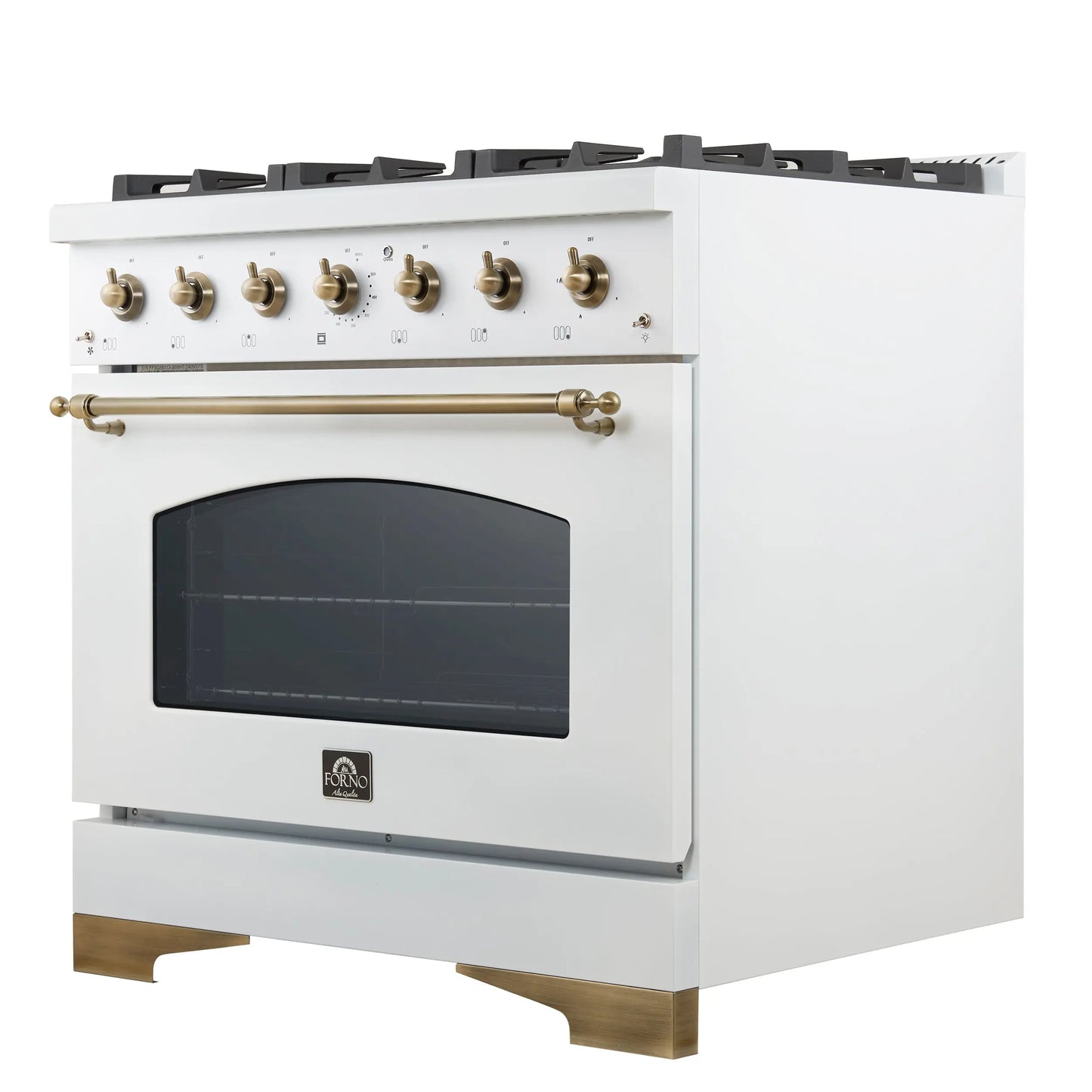 Forno Antico 36-Inch Freestanding Gas Range, White, Antique Brass Design, 6 Burners, Convection Oven, Energy Efficient FORNO