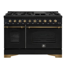 Forno Antico 48-Inch Freestanding Gas Range, Black, Antique Brass Design, 8 Burners, Griddle, Double Ovens, Energy Efficient FORNO