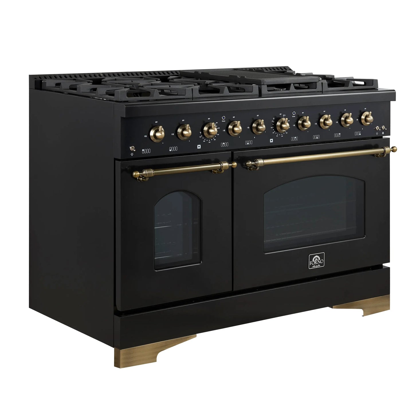 Forno Antico 48-Inch Freestanding Gas Range, Black, Antique Brass Design, 8 Burners, Griddle, Double Ovens, Energy Efficient FORNO