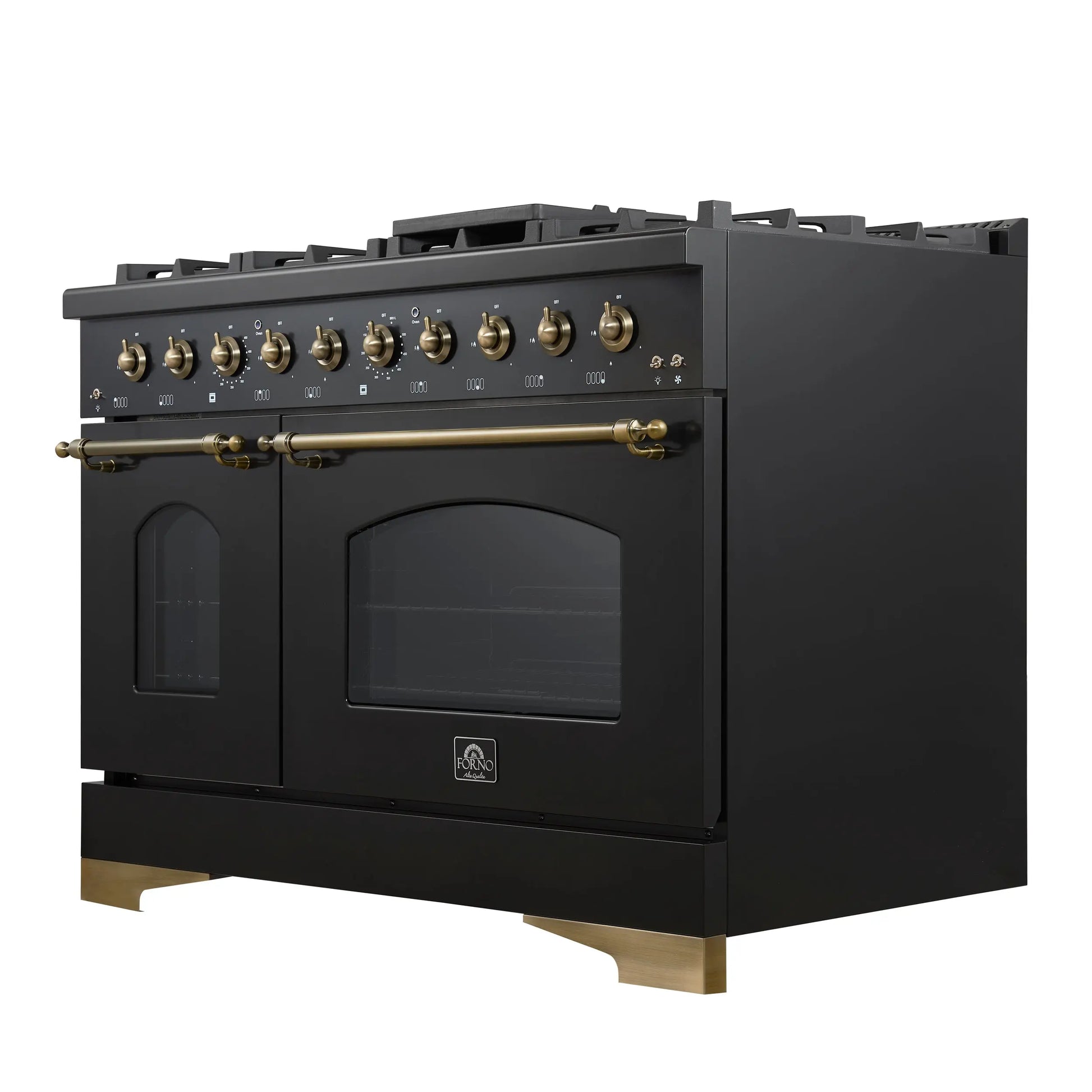 Forno Antico 48-Inch Freestanding Gas Range, Black, Antique Brass Design, 8 Burners, Griddle, Double Ovens, Energy Efficient FORNO