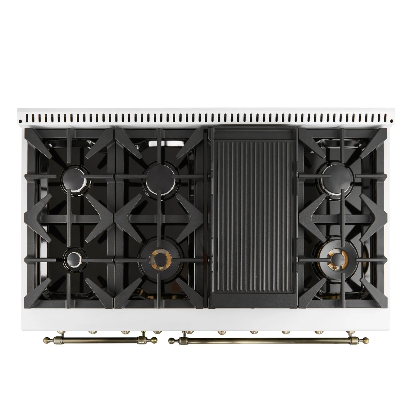 Forno Antico 48-Inch Freestanding Gas Range, White, Antique Brass Design, 8 Burners, Griddle, Double Ovens, Energy Efficient FORNO