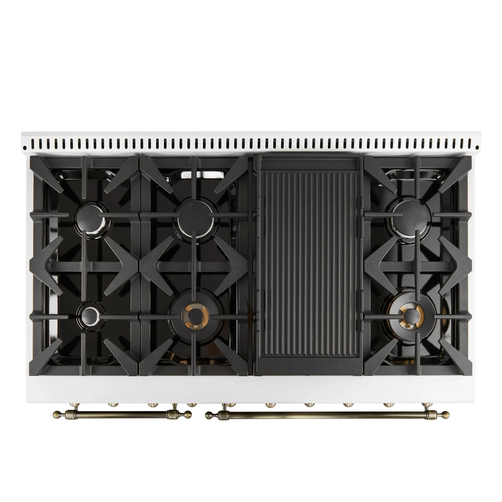 Forno Antico 48-Inch Freestanding Gas Range, White, Antique Brass Design, 8 Burners, Griddle, Double Ovens, Energy Efficient FORNO