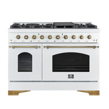 Forno Antico 48-Inch Freestanding Gas Range, White, Antique Brass Design, 8 Burners, Griddle, Double Ovens, Energy Efficient FORNO